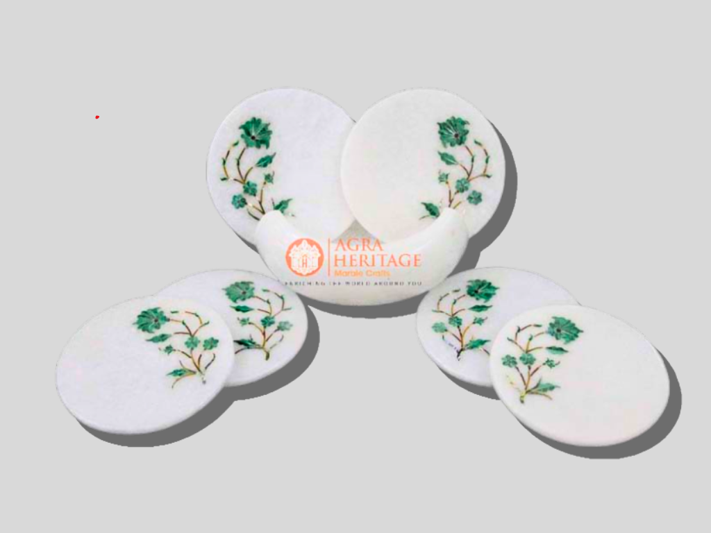 Marble Coaster Set Malachite Inlay Floral Arts